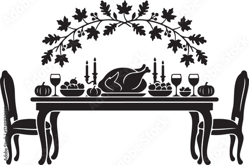 Thanksgiving Feast: A silhouetted Thanksgiving feast scene features a table set with roasted turkey, autumn harvest elements, and an inviting ambiance, all under an elegant autumn foliage decoration.