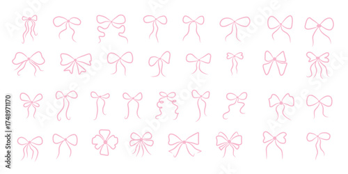 Hand drawn elegant pink bows and ribbons. Vintage minimalist drawing sketch illustration. Perfect for holiday poster, greeting cards, wedding invitations