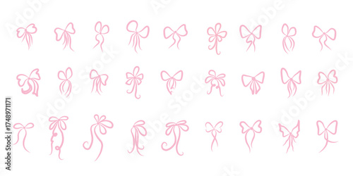 Hand drawn elegant pink bows and ribbons. Vintage minimalist drawing sketch illustration. Perfect for holiday poster, greeting cards, wedding invitations