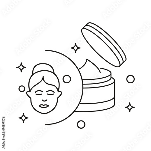 Skin care icon, beauty treatment, woman face outline, facial care and cosmetic routine, thin line symbol on white background..eps