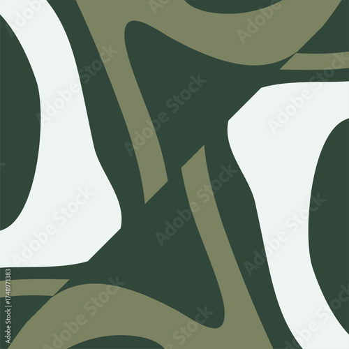 A captivating abstract vector background featuring organic flowing shapes in a harmonious palette of deep forest green and subtle olive and cream accents creating a dynamic visual texture.