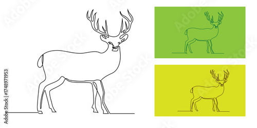 Continuous line illustration of a deer with big antlers in minimalist style. One line drawing wildlife animal art, elegant outline design for nature, hunting, forest, and modern decoration.