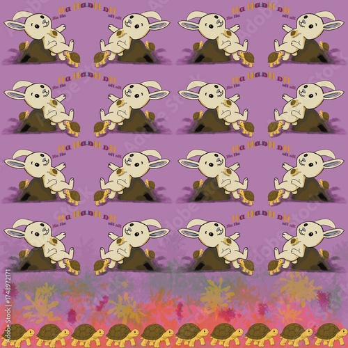 Rabbit and turtle playing background,drapery.