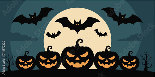 Halloween scene pumpkins bats moonlit night with trees  clouds
