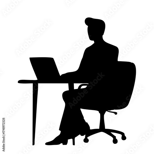 SILHOUETTE OF A MAN IN A SUIT SITTING ON A CHAIR WITH A LAPTOP ON A DESK