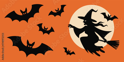 Orange backdrop with black witch  bats silhouettes against a beige full moon