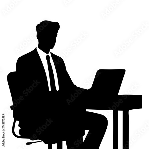 SILHOUETTE OF A MAN IN A SUIT SITTING ON A CHAIR WITH A LAPTOP ON A DESK