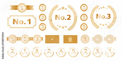 Collection of golden award badges and ranking icons with numbers one two and three