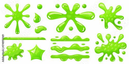 Collection of vibrant green slime splatters blobs drips and star shapes for playful designs