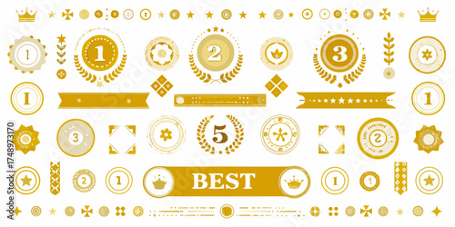 Collection of golden awards ribbons medals and badges for first second and third place winners