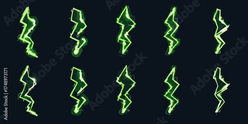 Collection of ten stylized green lightning bolt illustrations with glowing effects on a dark background