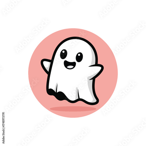 A cute and friendly cartoon ghost character with a happy expression, floating in a pink circle.