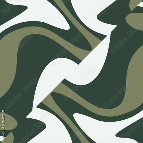 Abstract Organic Swirls Create a Dynamic Visual Experience with Military Green Tones and White Accents for a Modern Design.