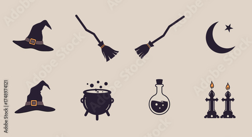 A clean flat design illustration featuring a minimalist icon set of essential witch-themed elements, including a hat, broomstick, cauldron, potion, and moon. This 2D vector art is ideal for Halloween 