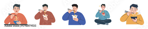 Collection of a young man character in different poses enjoying Asian noodle meals