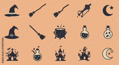 A clean flat design illustration featuring a minimalist icon set of essential witch-themed elements, including a hat, broomstick, cauldron, potion, and moon. This 2D vector art is ideal for Halloween 