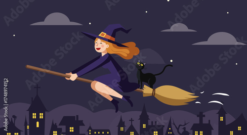 A delightful flat design illustration of a friendly witch and her black cat joyfully flying on a broomstick over a stylized town at dusk. 