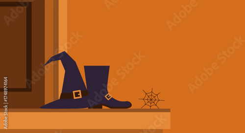 A charming flat design illustration showing a classic witch's pointed hat and buckled boots left on a wooden doorstep, hinting at a mystical presence. 