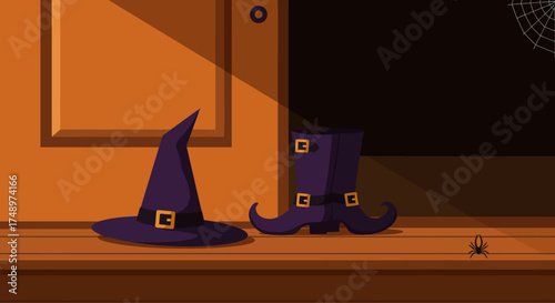 A charming flat design illustration showing a classic witch's pointed hat and buckled boots left on a wooden doorstep, hinting at a mystical presence. 