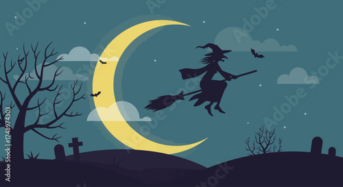A charming flat design illustration of a witch soaring through the night sky on her broom, silhouetted against a full moon above a mysterious landscape. 