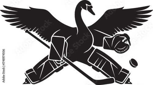 Swan goalie ice-hockey mascot – black & white vector illustration of cartoon bird making a save