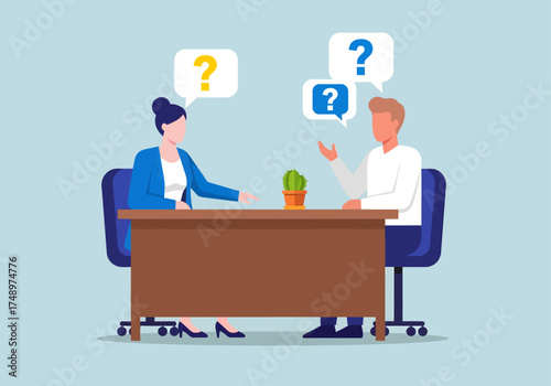 Job interview concept with man and woman asking questions