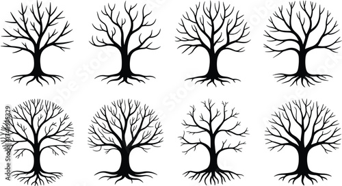 Collection of minimalist black tree silhouettes with roots, elegant nature illustration symbolizing balance, growth, and environmental harmony design concept