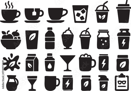 Wallpaper Mural Black drink icon collection with mugs, bottles, glasses, and coconut silhouette set Torontodigital.ca