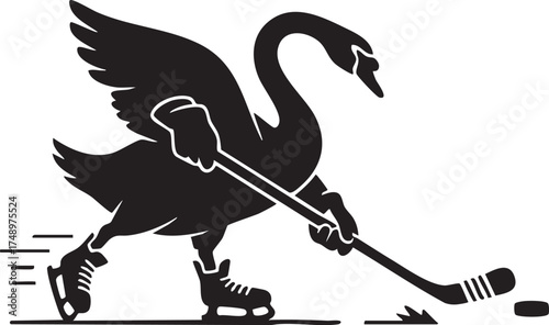 Swan ice-hockey mascot – black & white vector illustration of cartoon bird skating with stick and puck