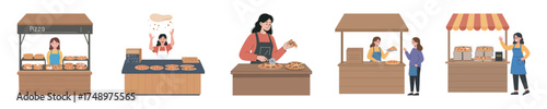 Charming market stalls featuring cheerful vendors selling delicious food, fresh produce, and artisan goods