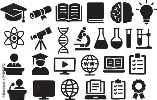 Education Silhouette Set with School, Science, and Study Icons on White Background