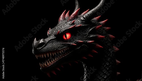 a dark and scary dragon head. red horns and spikes and glowing red eyes