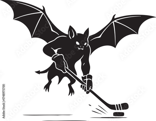 Bat ice-hockey mascot – black & white vector illustration of cartoon flying mammal shooting puck