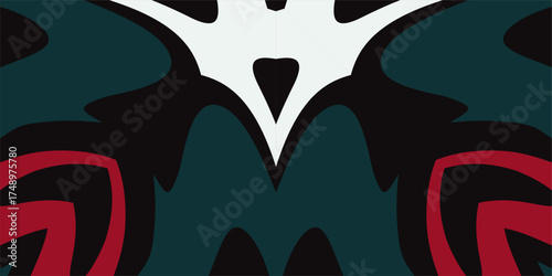 A vibrant and abstract design featuring swirling shapes of deep teal red and crisp white against a stark black background creating a visually dynamic composition.