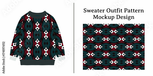 Sweater Outfit Pattern Mockup Design Featuring Geometric Textile Art Rendered in Deep Emerald and Burgundy Hues.