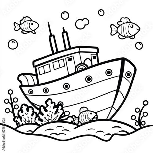 Coloring Page Depicting a Sunken Ship Adorned with Marine Life