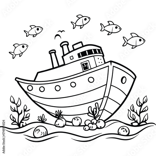 Intricate Coloring Page Depicting a Sunken Ship Teeming with Marine Life