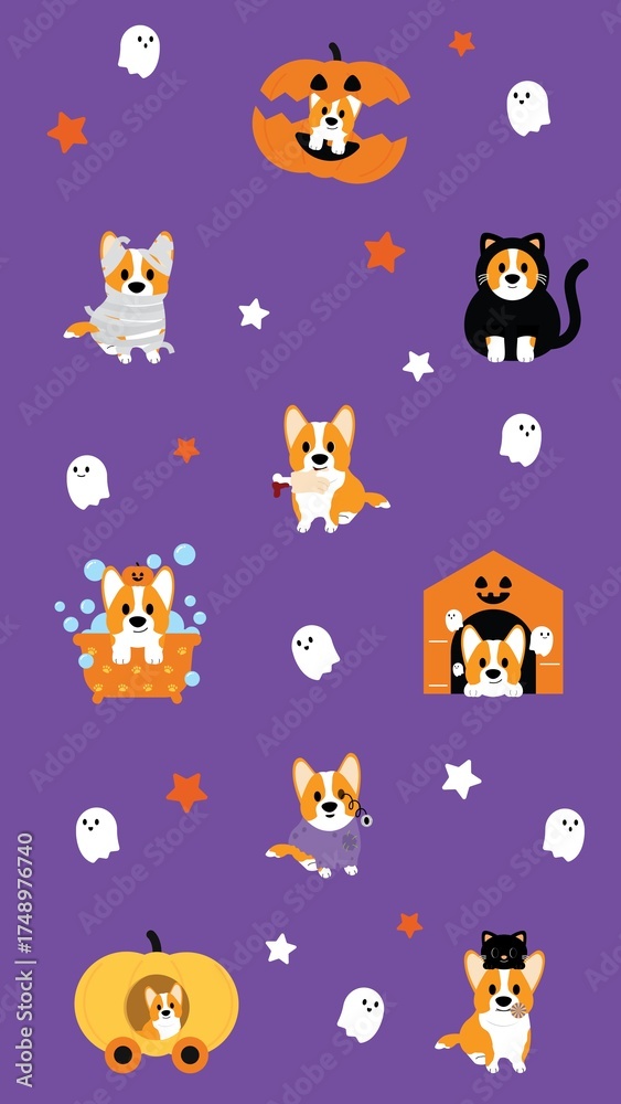 Fototapeta premium Cute Corgi Dog Halloween Costume Wallpaper