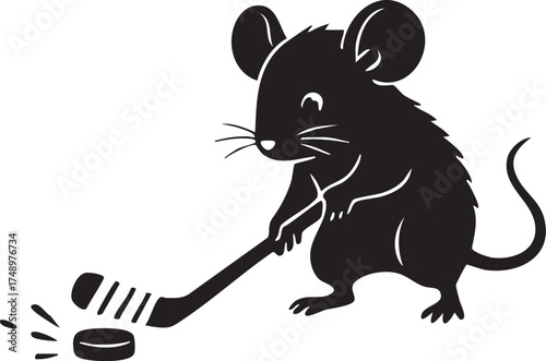 Mouse ice-hockey mascot – black & white vector illustration of cartoon rodent with stick and puck