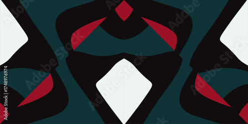 An Abstract Geometric Pattern Featuring Dark Teal and Crimson Accents on a Black and White Background.