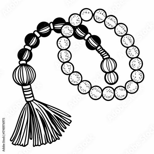 Muslim prayer beads with tassel in black and white illustration  