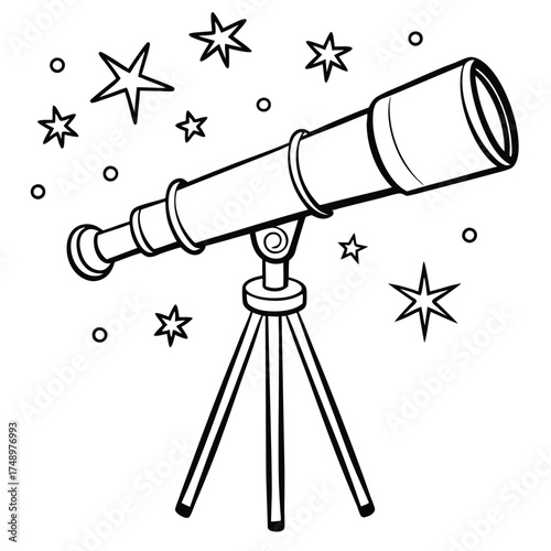 Coloring Page Featuring a Telescope Aiming Towards the Starry Night Sky
