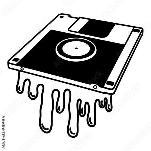Black floppy disk melting with liquid dripping in artistic style  