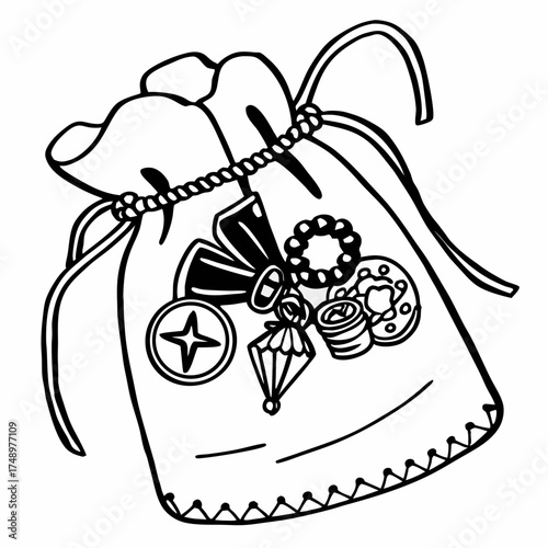 Bag filled with various collectible items and medals in sketch style  