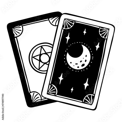 Black and white tarot cards featuring pentagram and moon designs  
