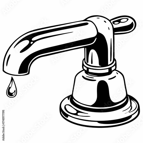 Faucet with a single water droplet falling from spout  