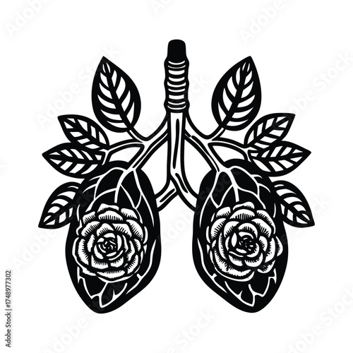 Hand drawn lungs outline wrapped in climbing rose