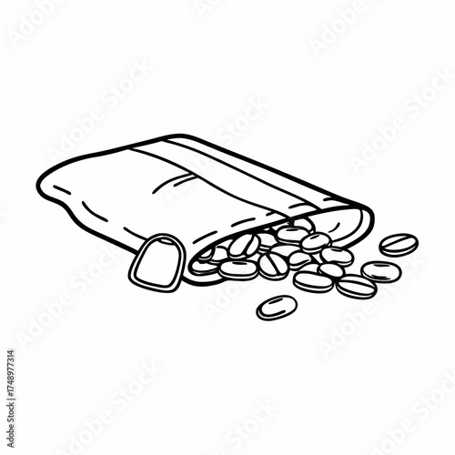 Packaged coffee beans spilling out from open bag on white background  