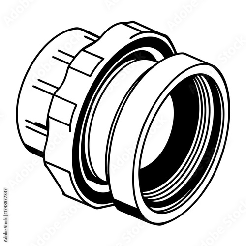 Pipe fitting connector in black and white illustration style  