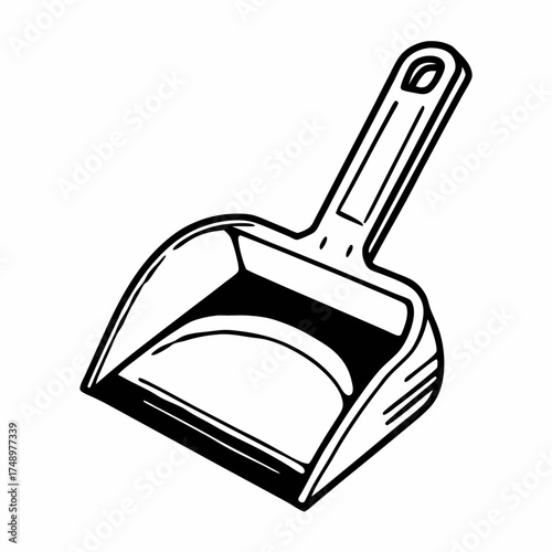 Cleaning scoop tool with handle in simple black line art  